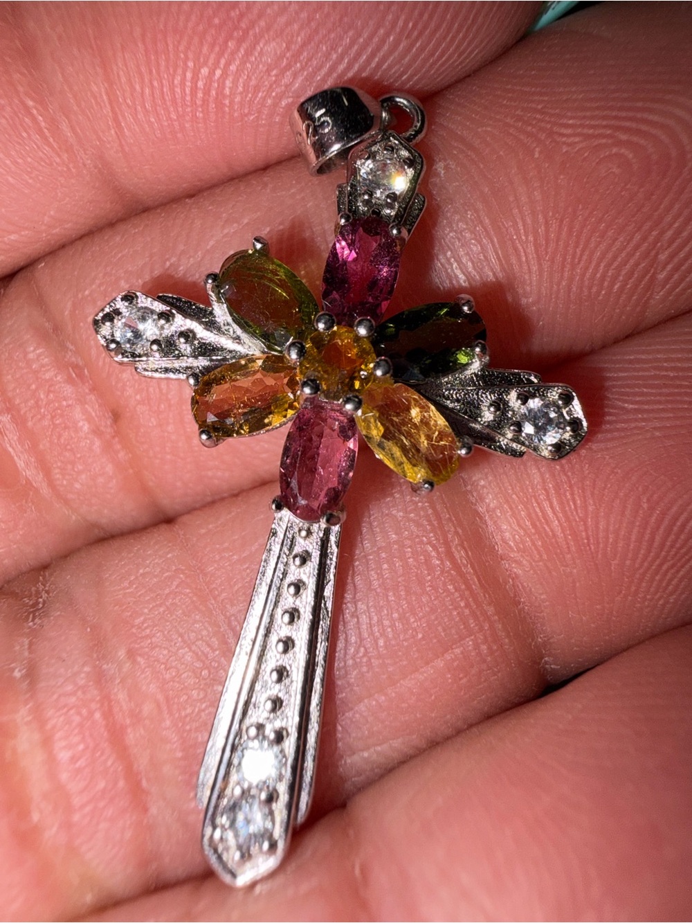 Multi-Color Tourmaline Gem Cross Pendant Necklace - Women Jewelry silver 925